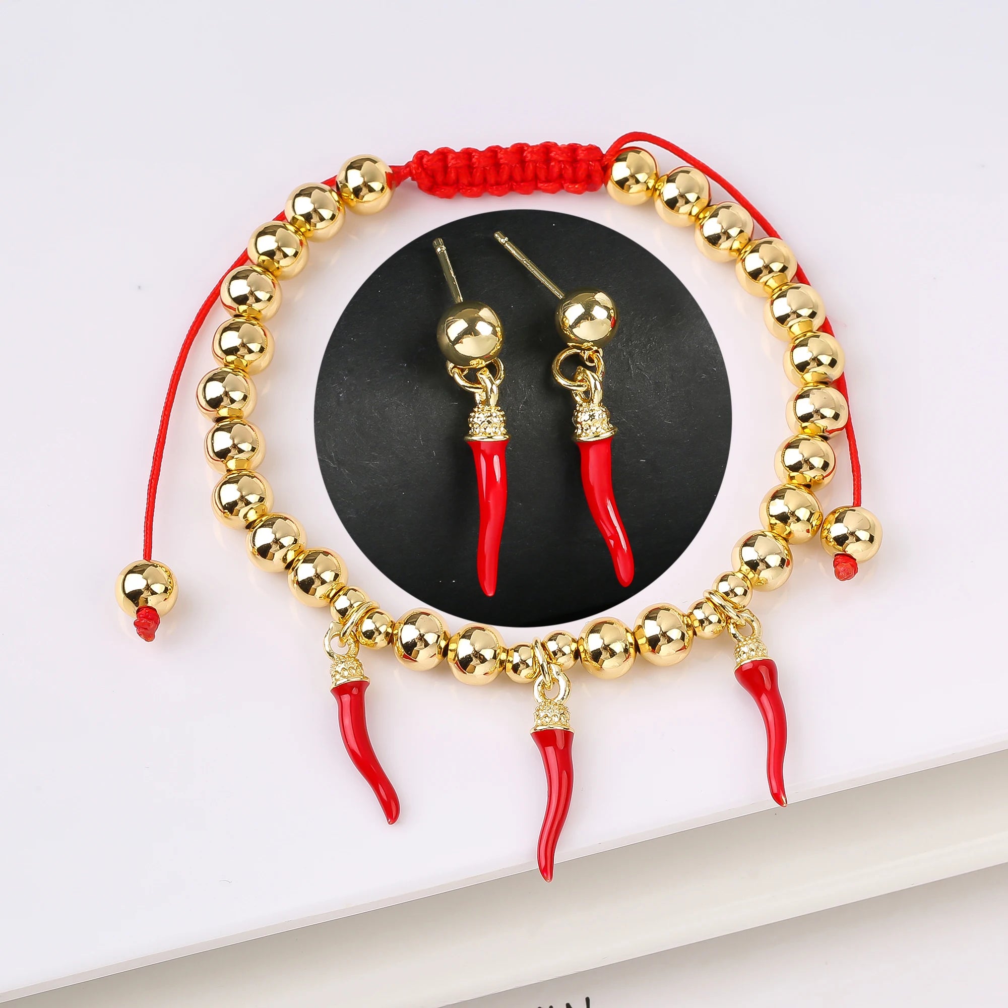 2PCS Trendy Red Cherry Strawberry Bracelet Earring Fruit Set for Women Casual Vacation Zirconia Jewelry Girls Lucky Gift Qme Jewelry Set 14