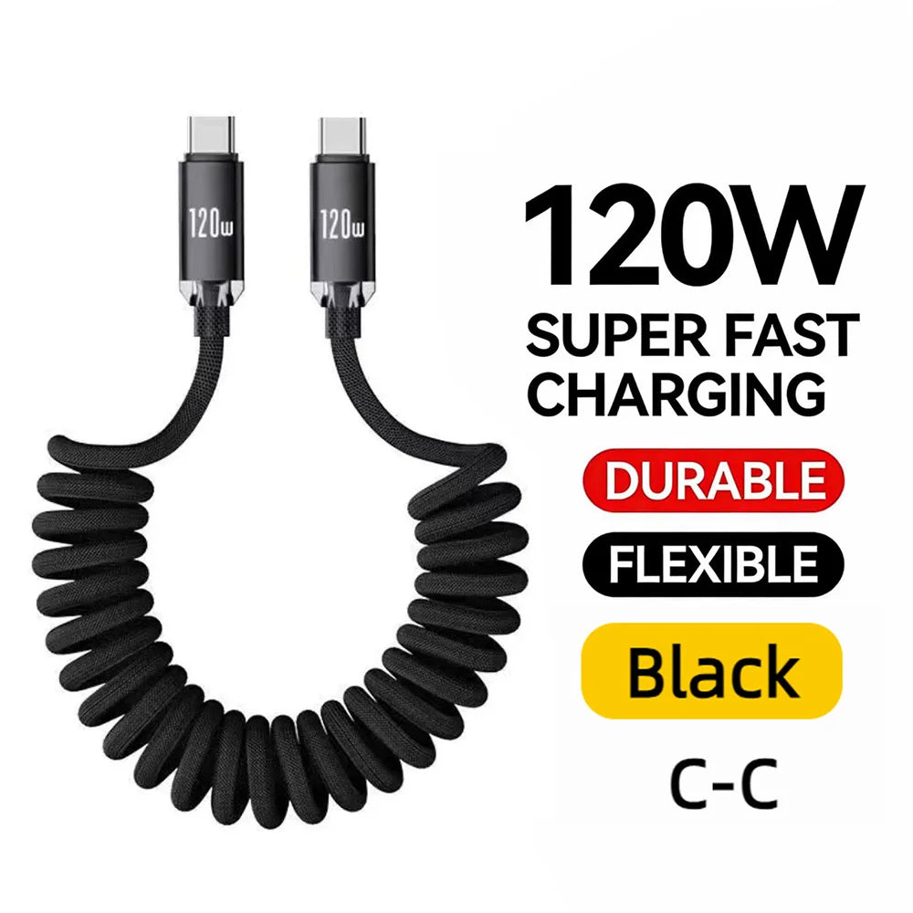 120W Car Spring Cable USB Type C Cable Retractable Spring Fast Charging Data Cord Dual PD Quick Charge Cable For iPhone Samsung Qme