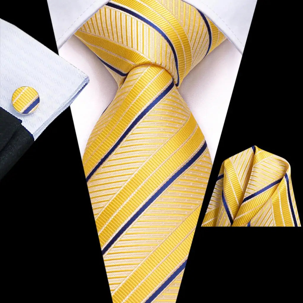 Hi-Tie Striped Navy Blue Mens Fashion Necktie Handkerchief Cufflinks for Tuxedo Accessory Classic Silk Luxury Tie for Man Gift Qme SN-3702