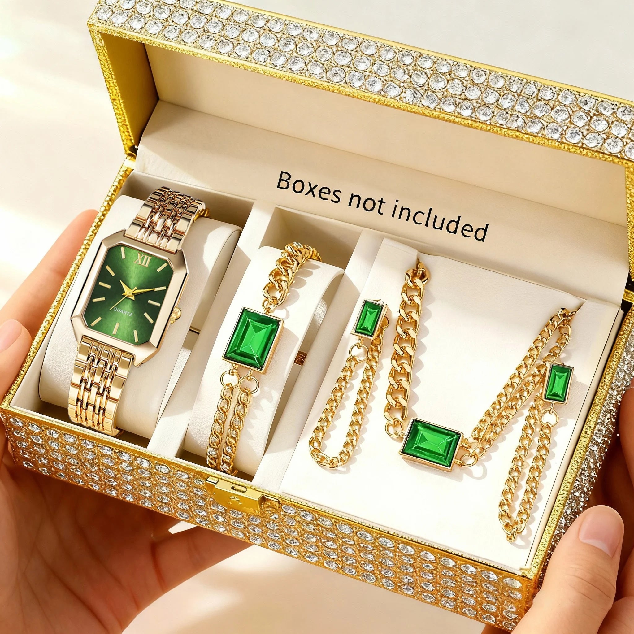 5PCS/Set Elegant Rectangle Women Watches Fashion Ladies Quartz Wristwatch Jewelry Set Girls Clock Gift（Without Box） Qme green No