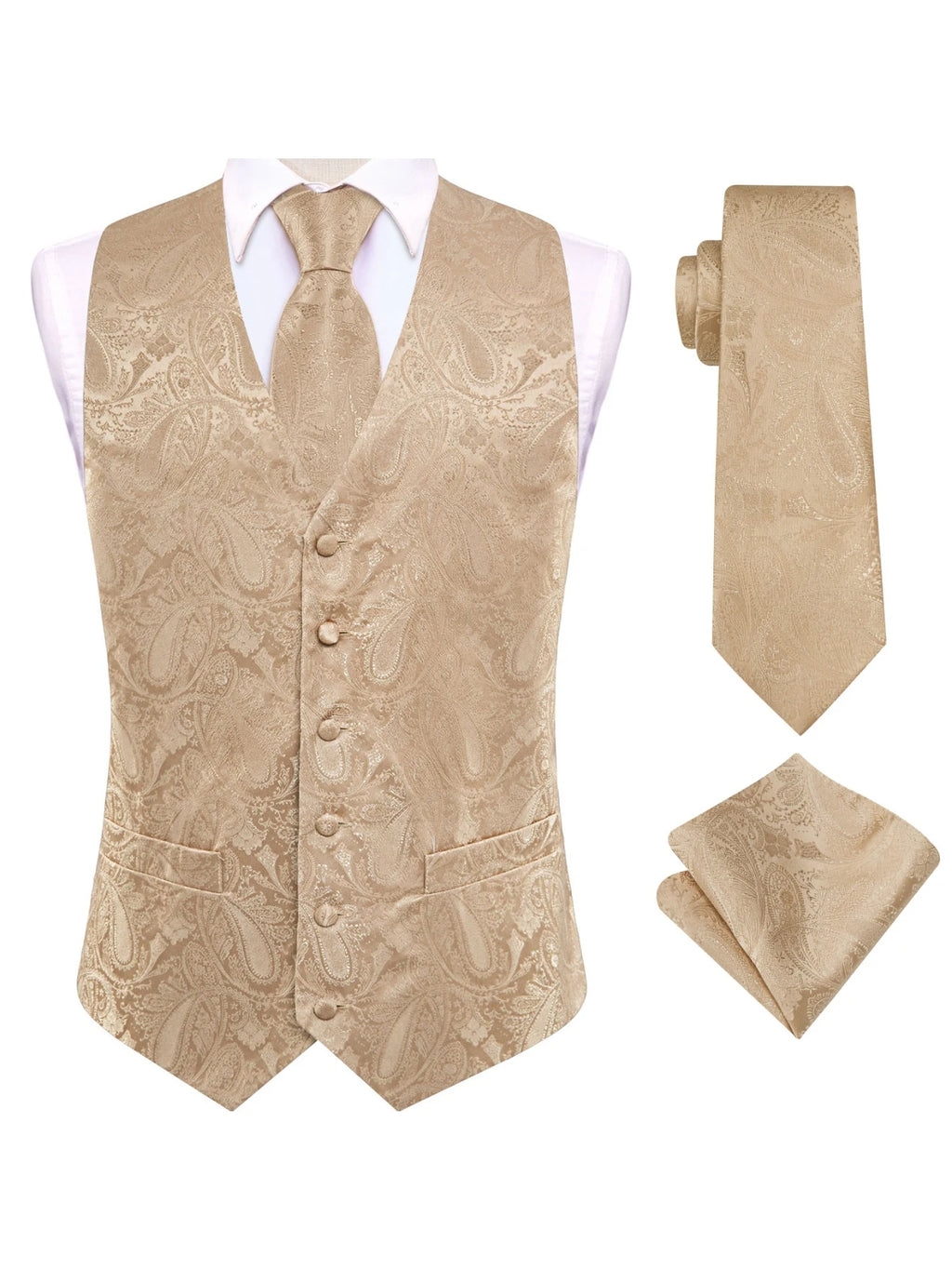 Apricot Men Vest Three-Piece Suit Set, Dress Waistcoat with Tie and Pocket Square for Party Ceremony Qme MJ-3554 L
