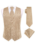 Apricot Men Vest Three-Piece Suit Set, Dress Waistcoat with Tie and Pocket Square for Party Ceremony Qme MJ-3554 L