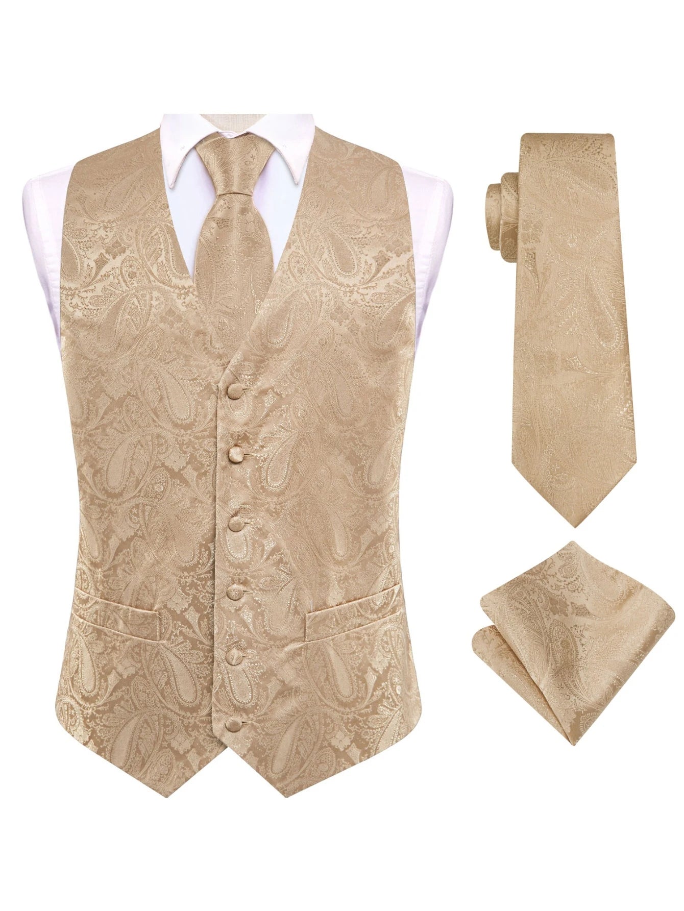 Apricot Men Vest Three-Piece Suit Set, Dress Waistcoat with Tie and Pocket Square for Party Ceremony Qme MJ-3554 L