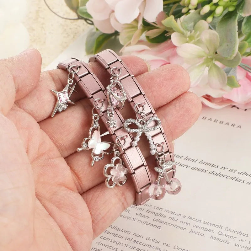 Wholesale Butterfly Bow Stars Love Heart Key Planet Shiny CZ Flower Italian Charms Fit 9mm Stainless Steel Bracelets Jewelrys Qme