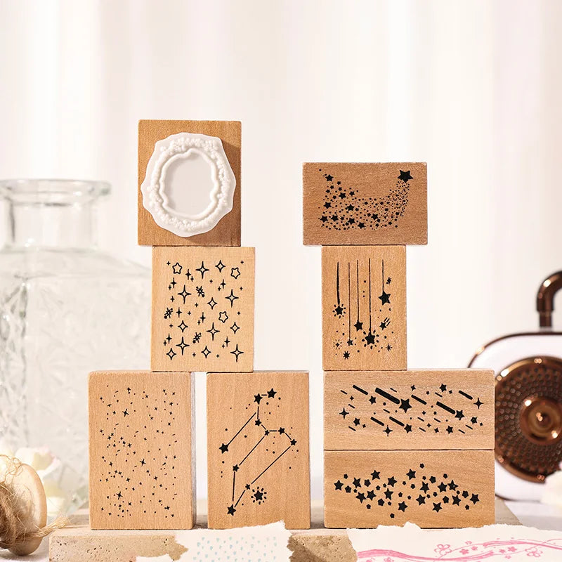 8 pcs Vintage Wooden Rubber Stamp Meteor Shower Theme Printed DIY Decor Scrapbooking Albums Wood Seal Daily Planner Stationery Qme