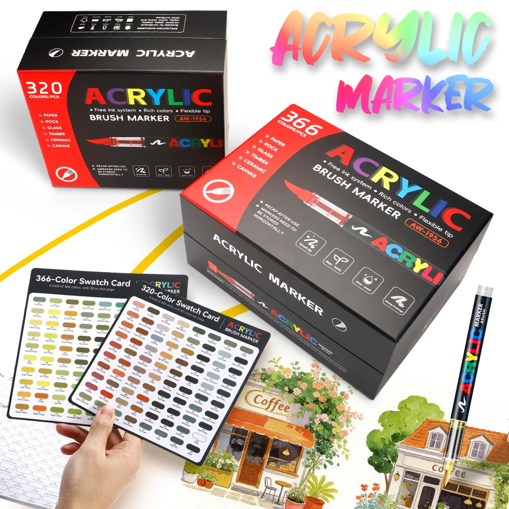 12-366 Colors Acrylic Paint Marker Pens Brush Tip Auto Ink Control Waterproof Quick Dry for Rock Painting DIY Craft Supplies Qme