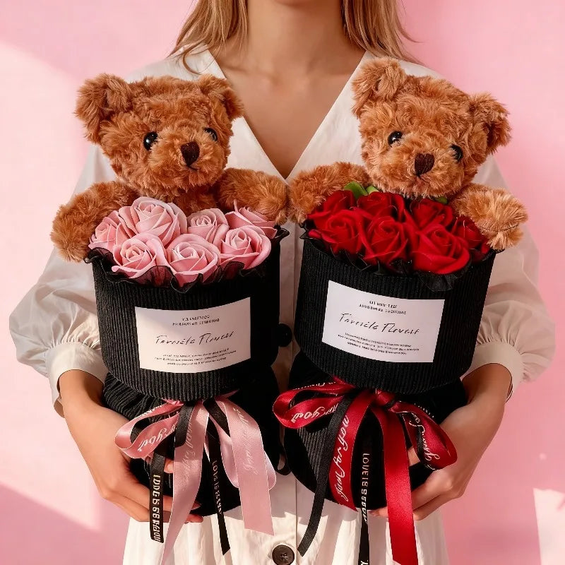Valentine's Day Rose Bear Bouquet Artificial Flower Cute Decor Qme