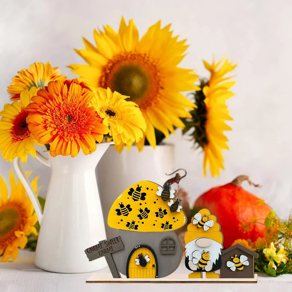 1 set of 2D summer mini bee mushroom house wooden desktop decoration ornaments, rustic farmhouse desktop decoration Qme Default Title