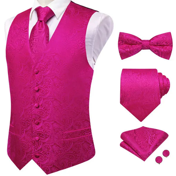 Men Red Pink Floral Paisley V Collar Waistcoat Full Business Party Qme HT-MJTZ0146 S
