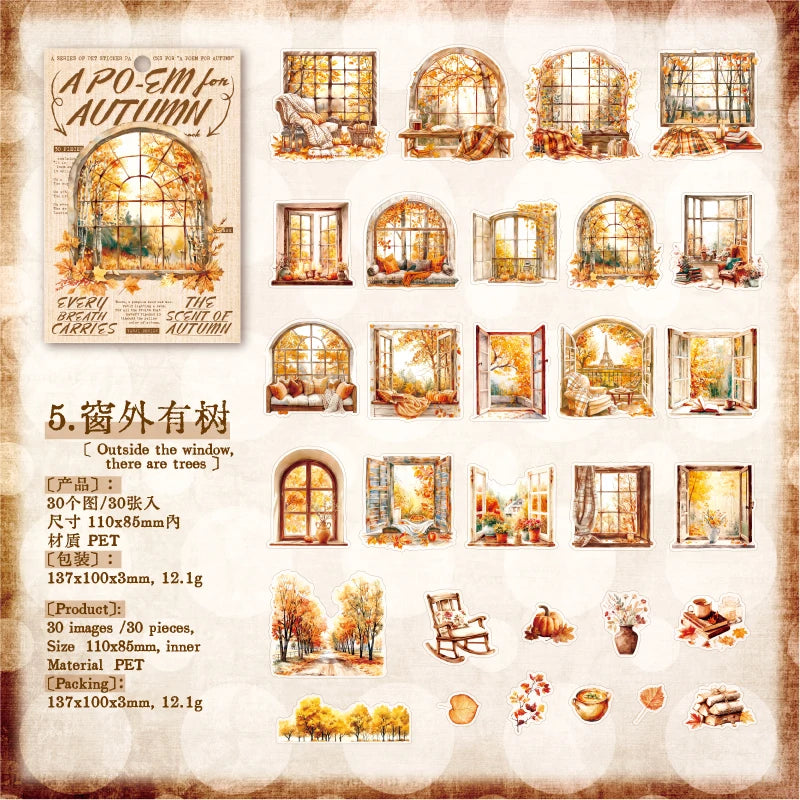 30 Sheets Autumn Fall Leaves Theme PET Stickers for DIY Craft Scrapbooking Collage Guitar Phone Case Decoration Qme 5