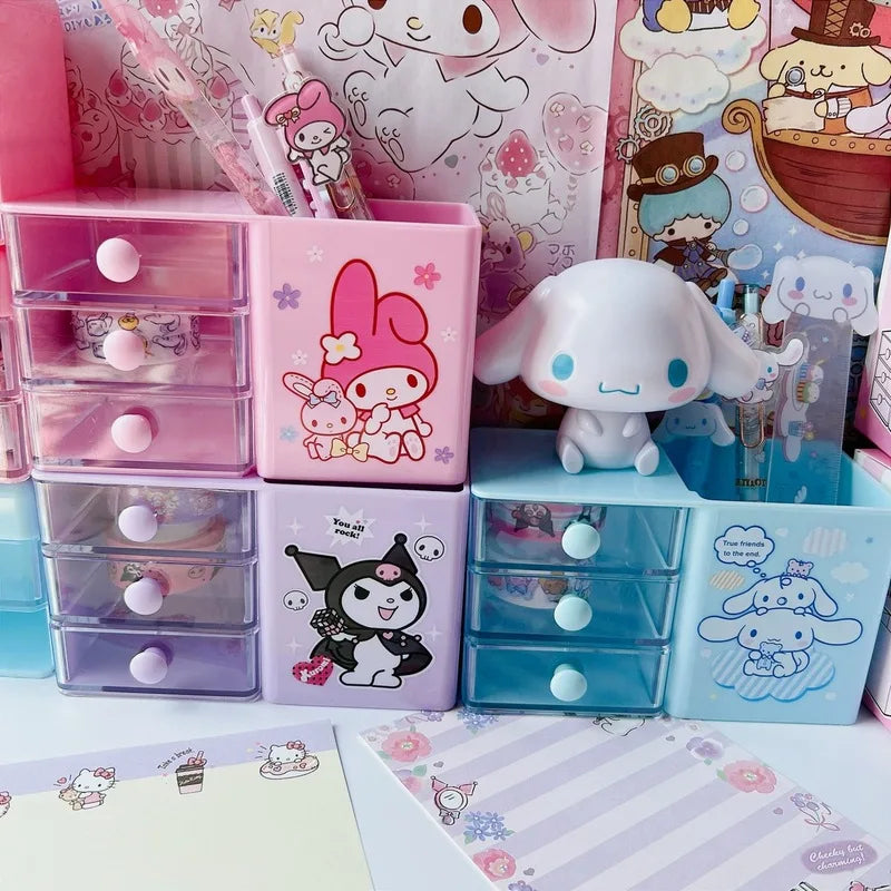 Hello Kitty, Kuromi, and Japanese-Style Cute Desktop Pencil Holder Student Storage Box Melody Mini Drawer Organizer Qme
