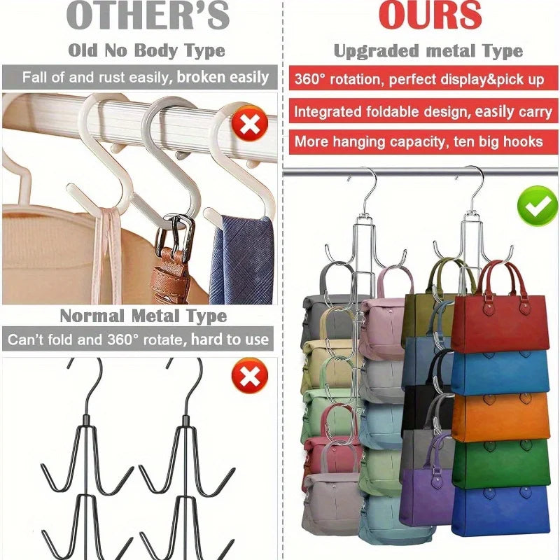 Foldable metal handbag hanger, 360-degree rotating space-saving storage device, suitable for storing items such as handbags Qme