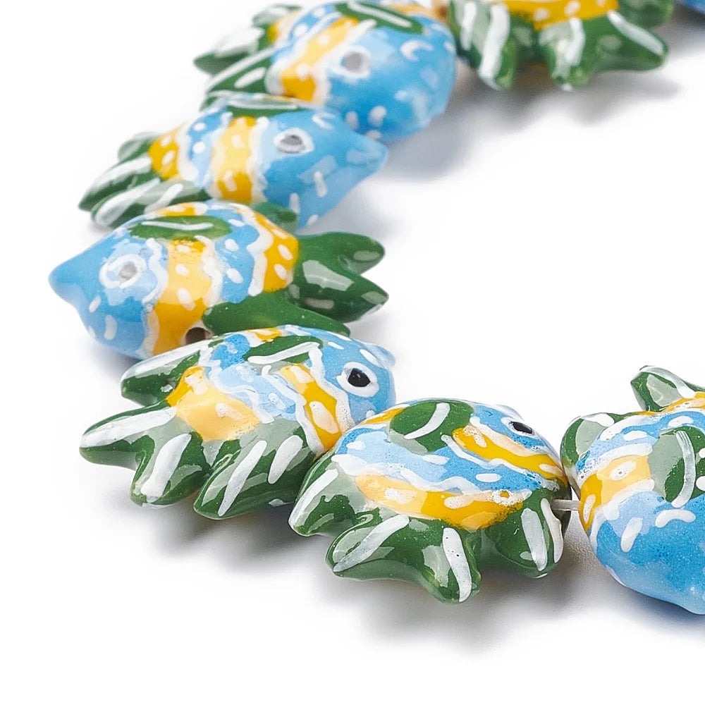 Pandahall 20pcs Handmade Porcelain Fish Beads, Multicolor Ceramic Beads 17-22x21-22x7-7.5mm with 2mm Hole for DIY Jewelry Making Qme Green