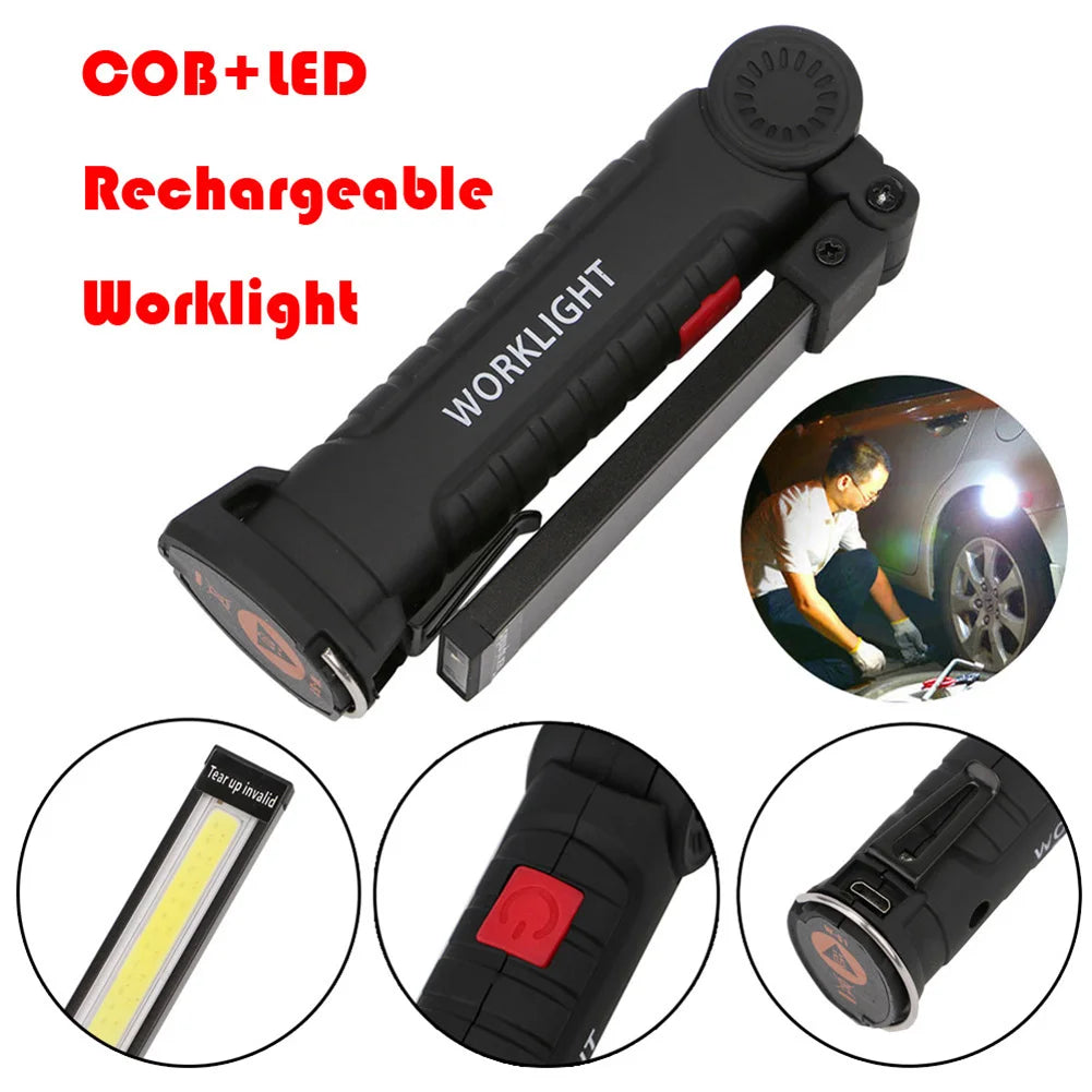COB LED Work Light Dimmable USB Rechargeable LED Flashlight Inspection Lamp With Magnetic Hook Power Bank 18650 Battery Torch Qme