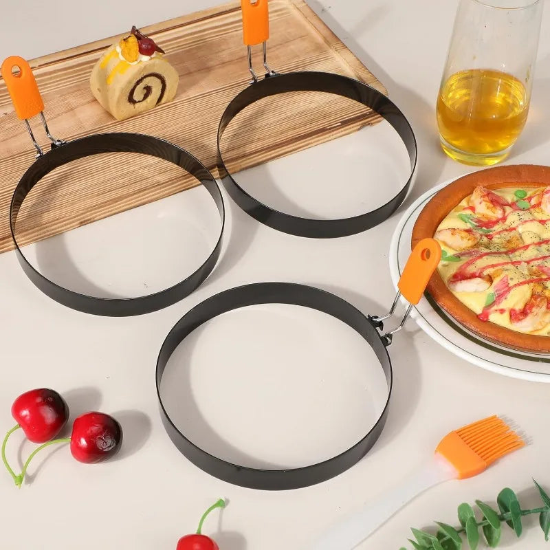 Stainless Steel Omelette Mold Professional Egg Ring Pancake Ring with Silicone Handle Oil Brush for Fried Eggs Omelets Muffins Qme