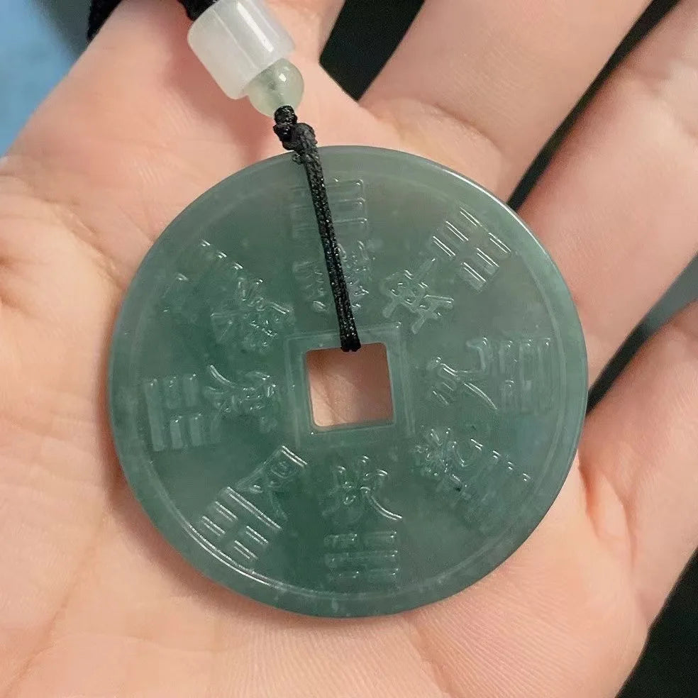 Natural Jadeite Blue Water Ancient Coins Jade Pendant Necklace Lucky Bagua Jewelry Suitable for Men and Women Qme