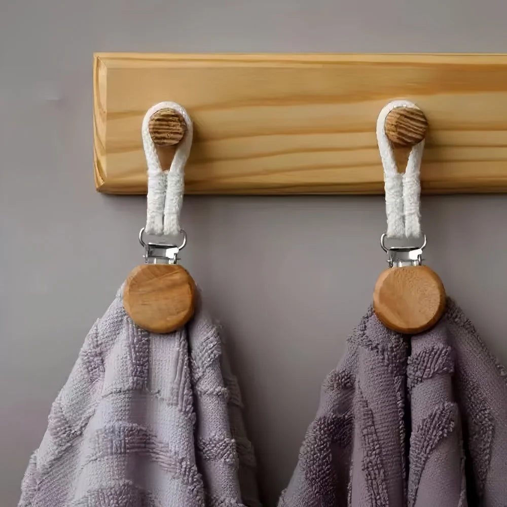 1-8PCS Towel Hanging Clips woven Cotton rope Bathroom wood round head Metal Hanging Clips For Home Towel Clothes Storage Hook Qme