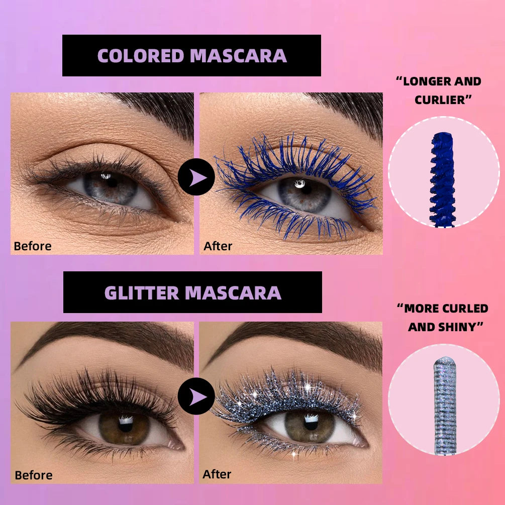 QIBEST Double Headed Diamond Glitter Mascara Long Lasting Colored Mascara Eyelashes Pink Blue Red Voluminous Waterproof Mascara Qme