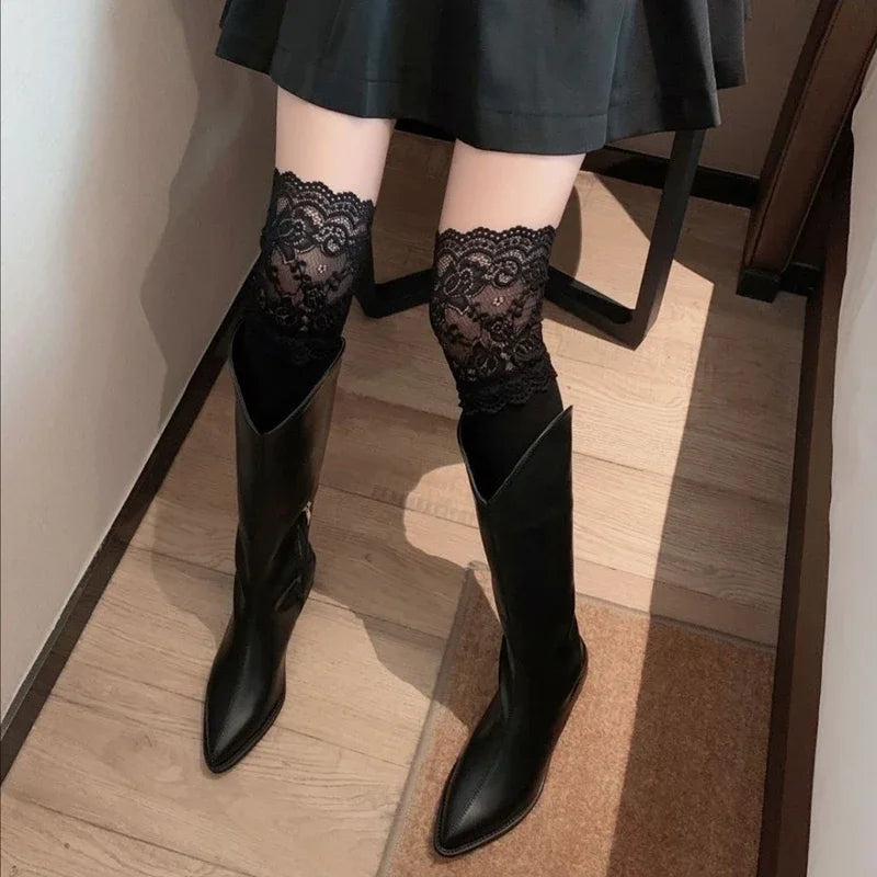 Boot Socks Autumn Winter Solid Thigh Lace Cute Lolita Thick Warm Qme
