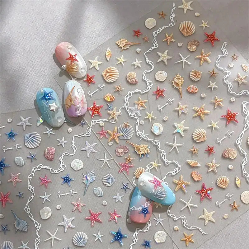 1 Sheet 5D Summer Seashell Nail Sticker Shiny Embossed Starfish Nails Qme