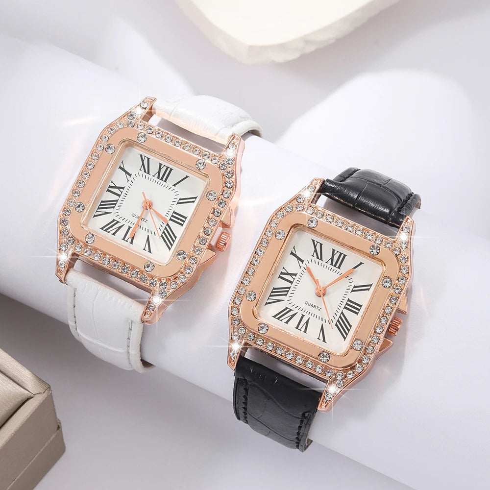 2pcs/set Luxury Women's Watch Set Analog PU Leather Wrist Watch Fashion Luxury Elegant Alloy Wristwatch Couple Watch Qme Black White
