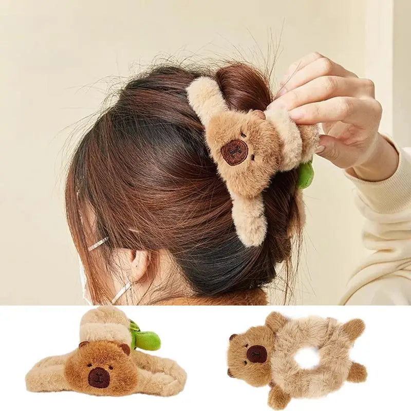 Capybara Hair Holder Adorable Clip Plush Ties Fuzzy Animal Clips Qme
