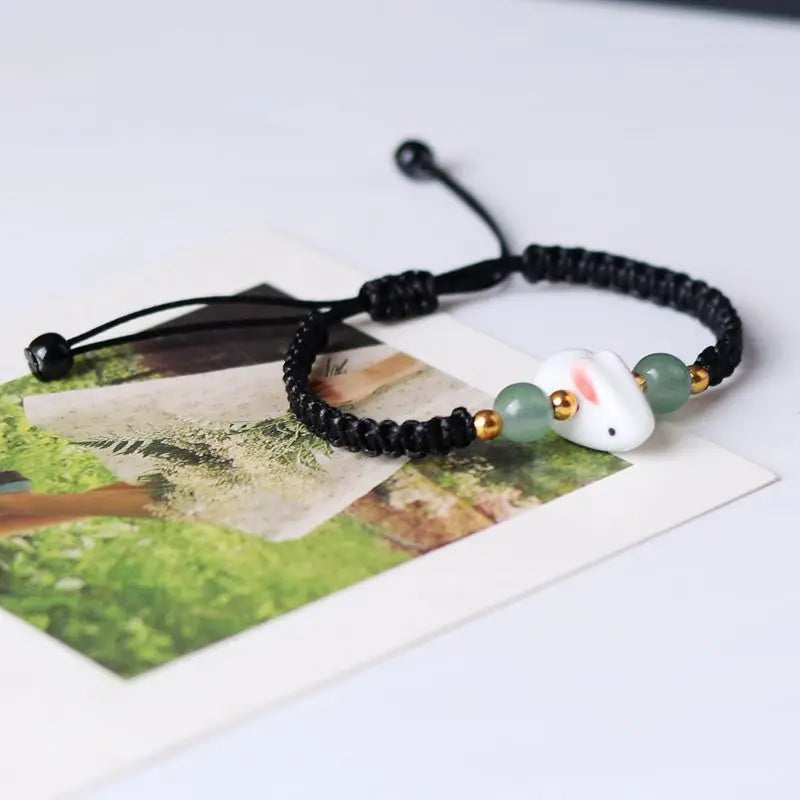 Cute Charming Rabbit Ceramic DIY Crystal Bracelet Men and women lucky pendant woven bracelet Young fashion jewelry accessories Qme black 21cm
