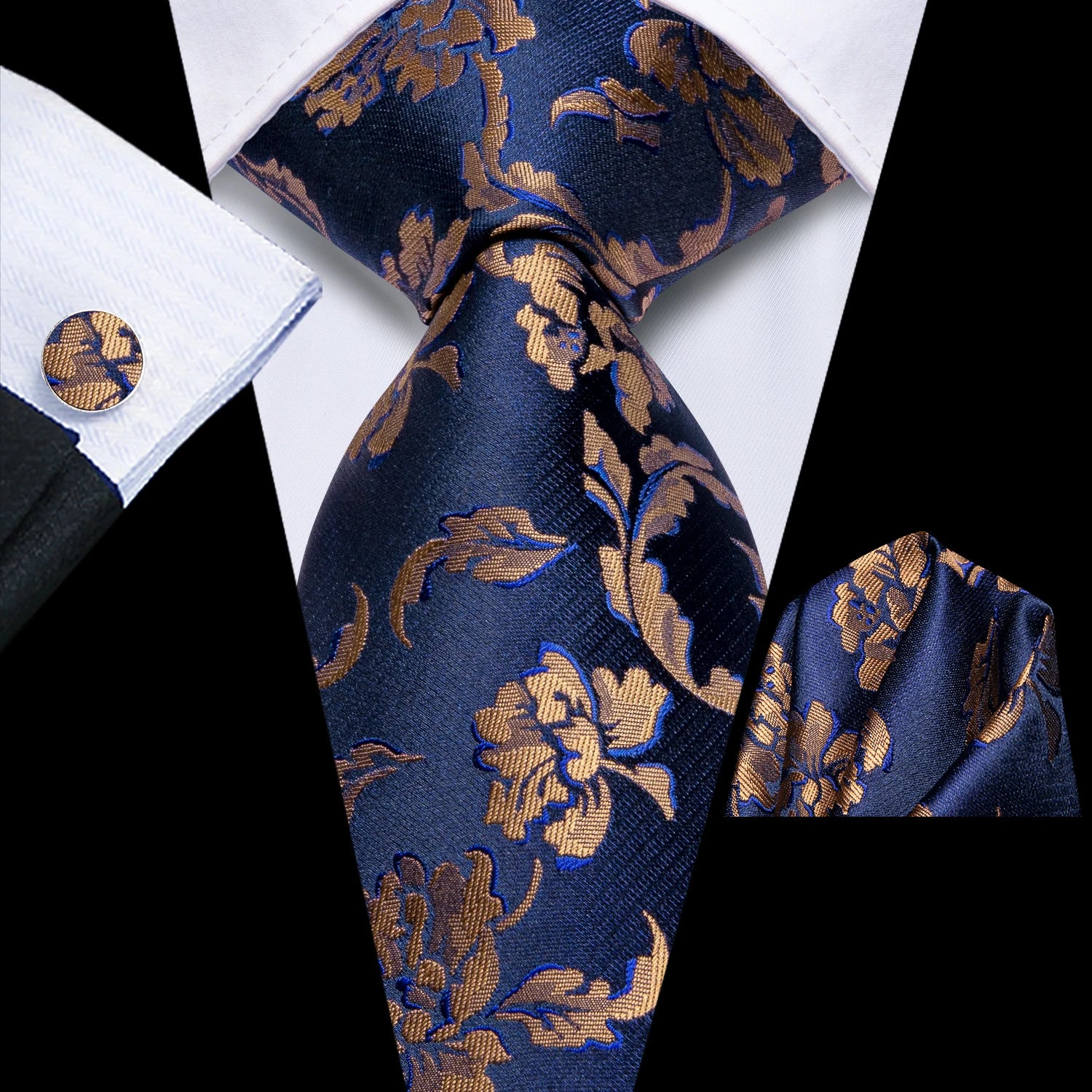Hi-tie Navy Blue Fashion Mens Elegant Tie Handkerchief Cufflinks