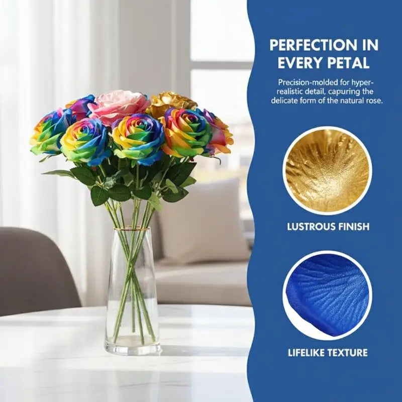 Colorful Realistic Touch Artificial Roses Flowers Rainbow Lifelike Silk Roses Flowers Non-Fading Plastic Fake Flowers Qme