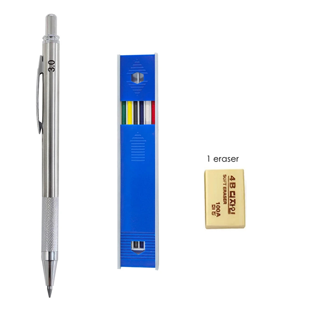 Mechanical Pencil Set 3.0mm Full Metal Art Drawing Painting Automatic Pencil with Leads Office School Supply Qme 3 pcs set D