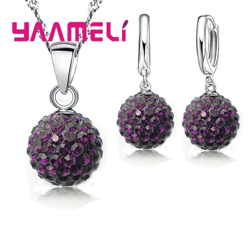 Crazy New Jewelry Sets 925 Sterling Silver Color Austrian Crystal Pave Disco Ball Lever Back Earring Pendant Necklace Woman Gift Qme 15