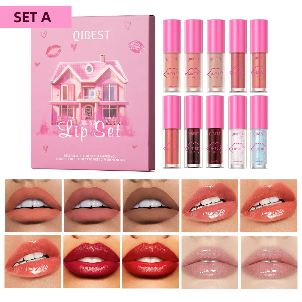 QIBEST Lips Makeup Set Matte Velvet Liquid Lipstick Lip Gloss Non-Sticky Lip Oil Glaze Moisturizing Lip Balm Tint Cosmetics Kits Qme Set A