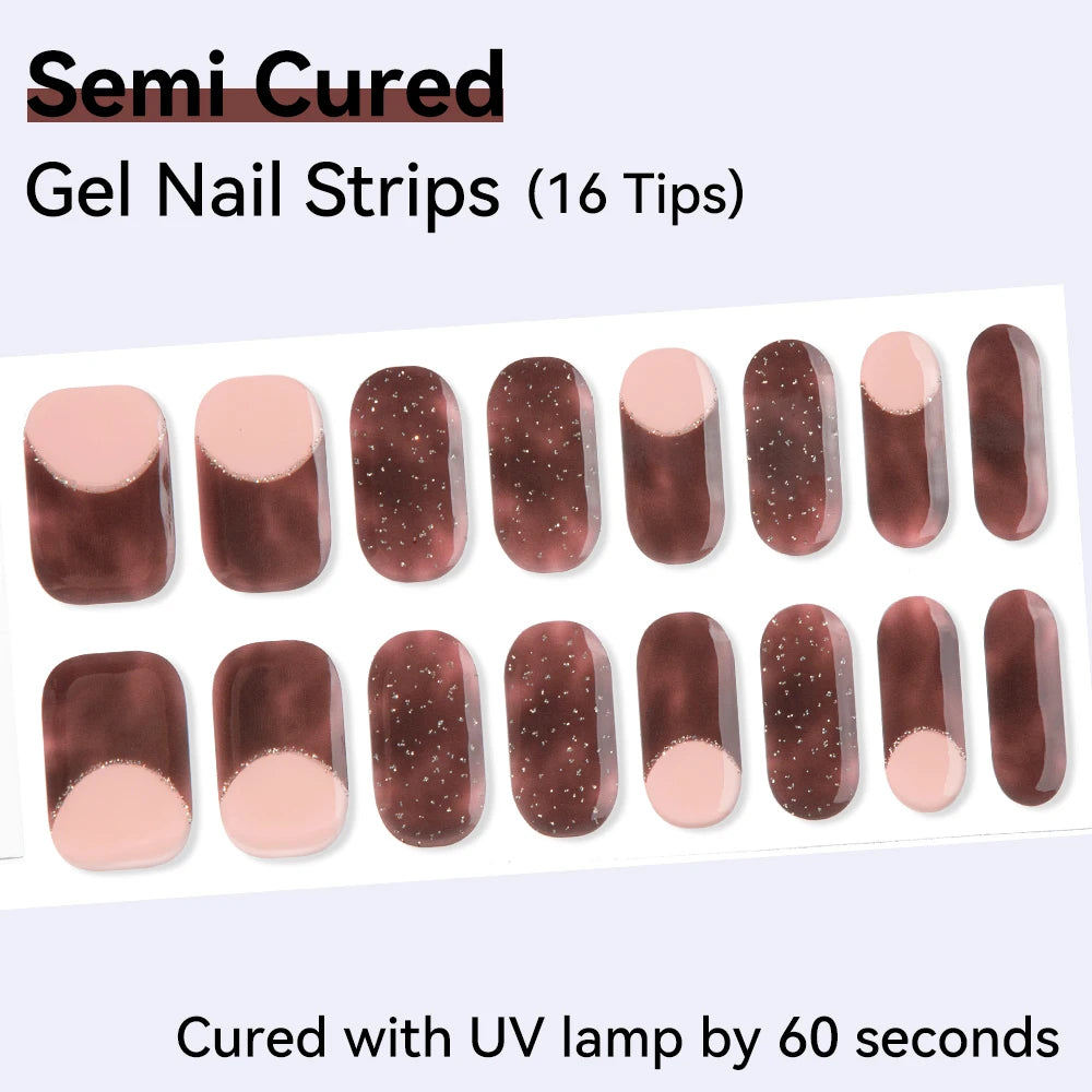 16Tips Semi-cured Gel Nail Sticker Colorful French Glitter UV LED Qme NF240167