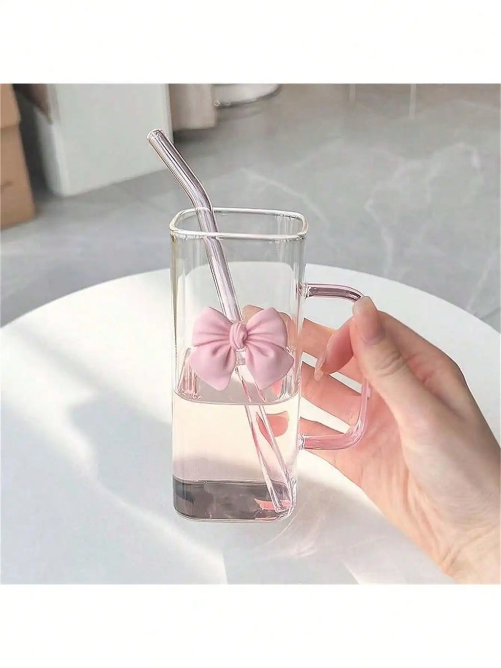 Pink Square Bowknot Glass Drinking Cup Without Straw Beautifully Qme