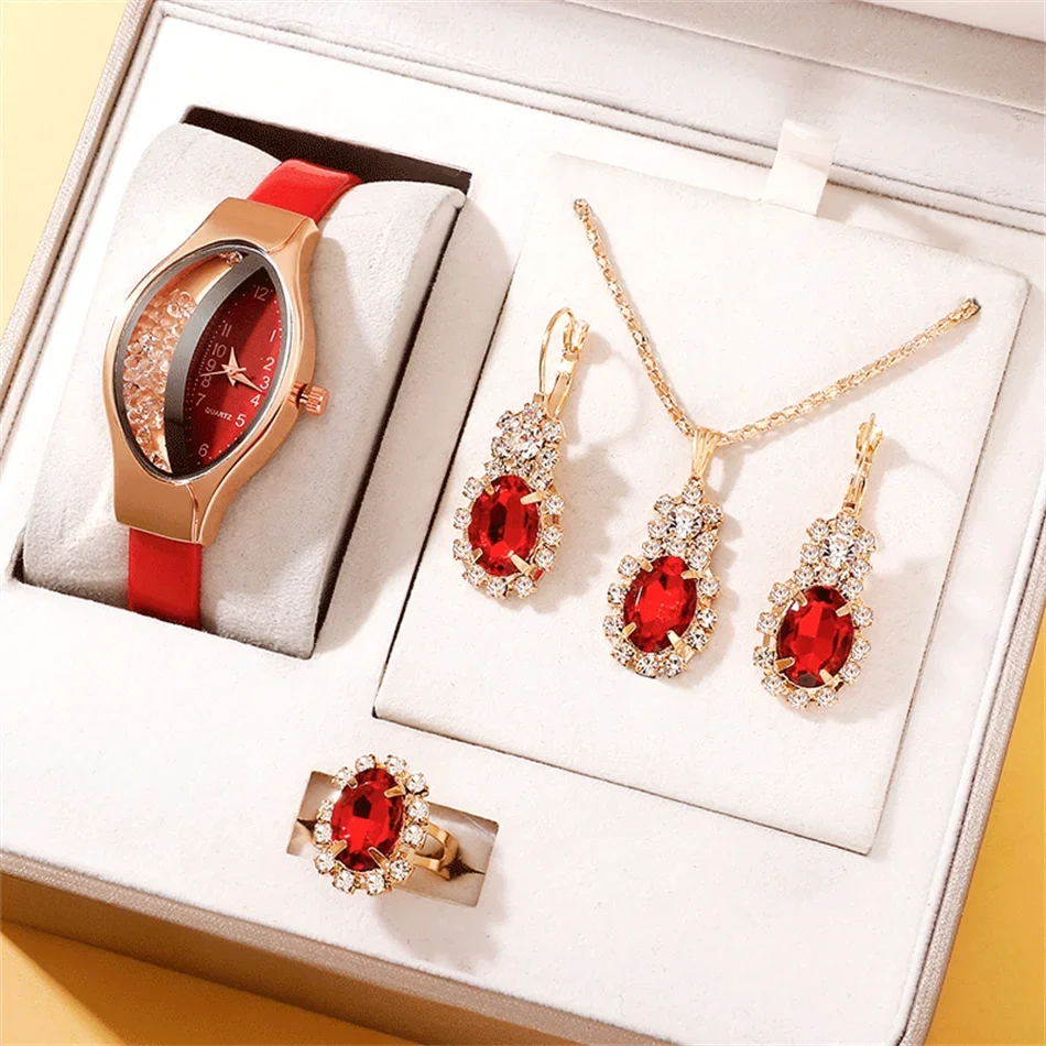 Ladies' Watch&Crystal, Quartz Watch, Watch, Luxury Brand, Design, Simple, Ladies', Women's Fashion, 6-piece Set Qme Red set