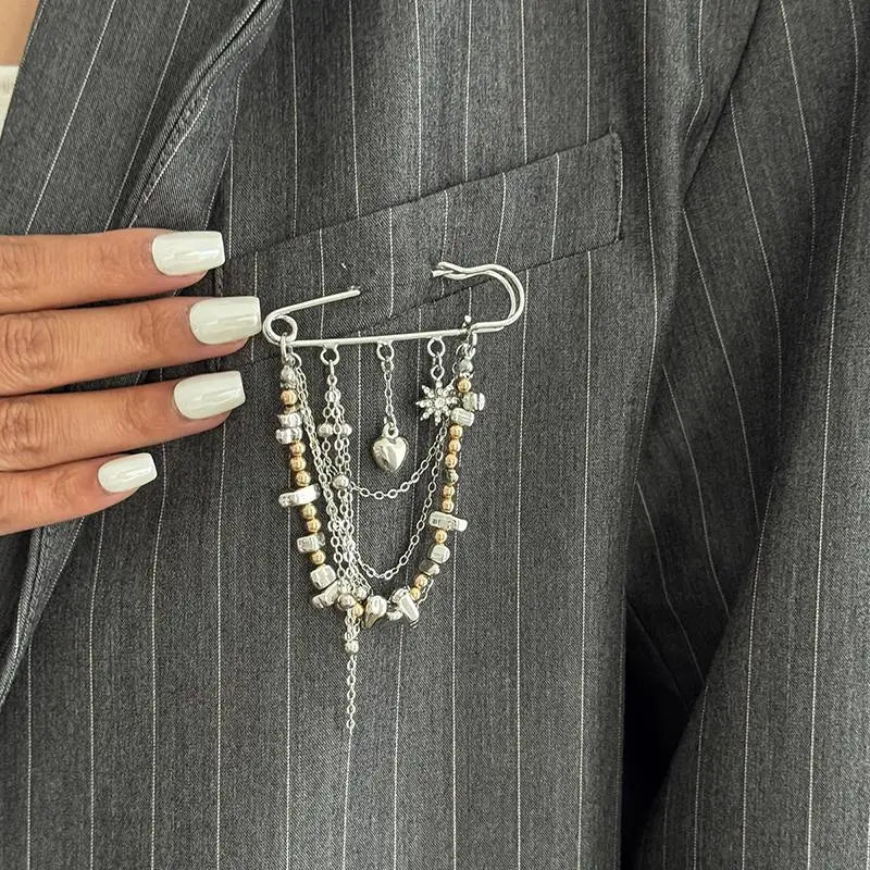 New Multi-Functional Chain Tassel Brooches Handmade Adjustable Clothes Accessory Detachable Beaded Chain Pin Women Qme N