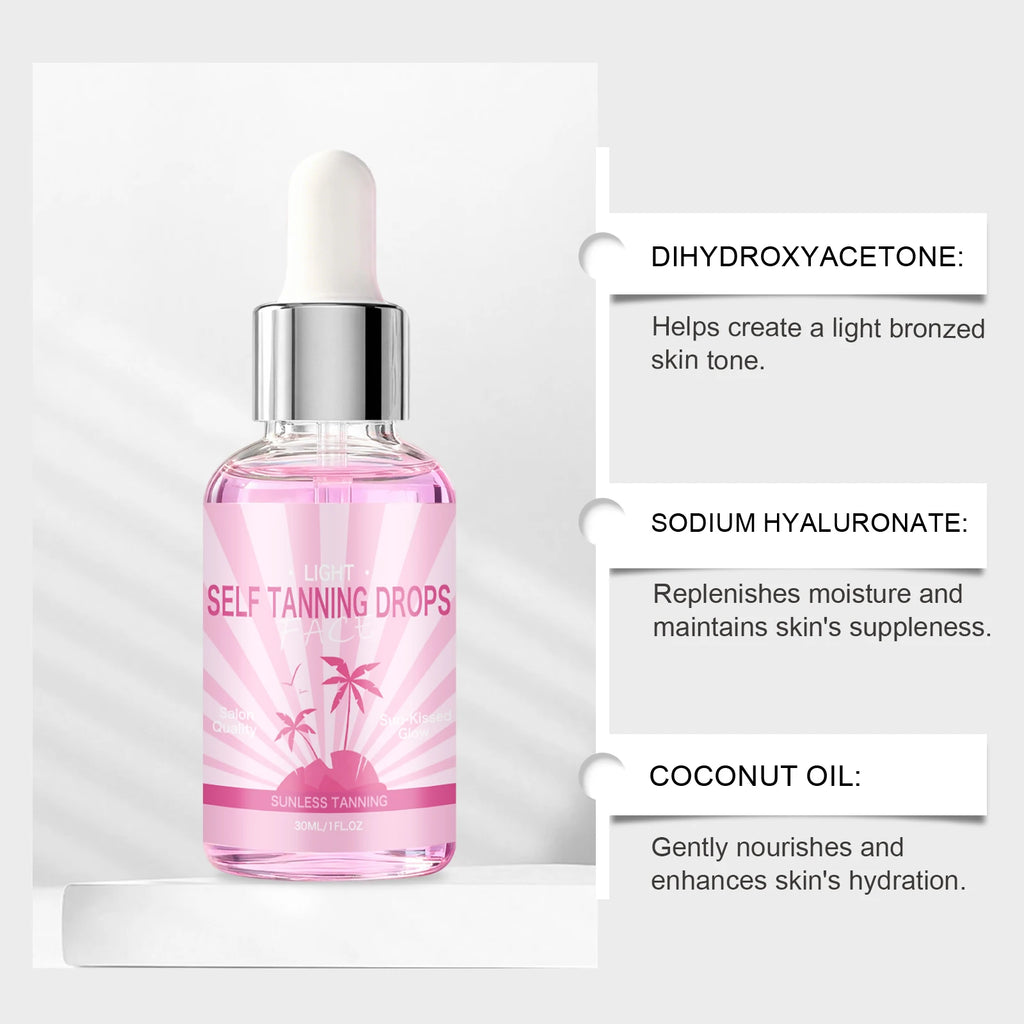 Self Tanning Drops Sunless Tanner Serum Face Body Natural Bronze Tone Even Skin Tone Moisturizing Glowing Hydrating Bronzing Qme