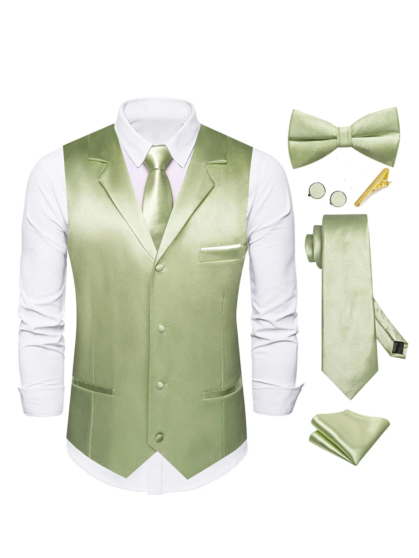 Men's Satin Vest Tie Hanky Cufflinks Bowtie Clip Formal Waistcoat Qme MJTZ3140-DPTLJ01 M