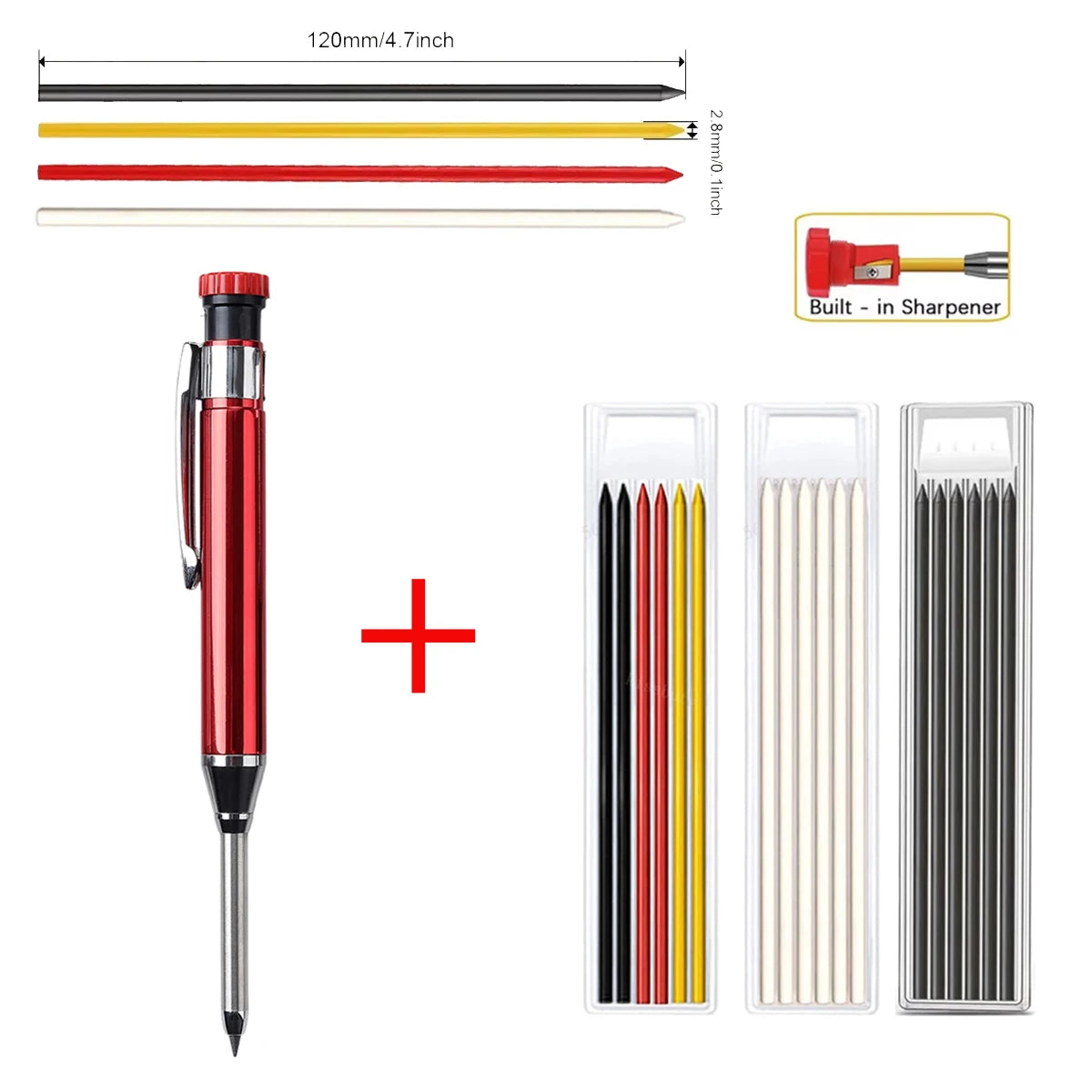 Metal Solid Carpenter Pencils with Sharpener Carpenter 2.8mm Solid Mechanical Pencils Marking Tools Construction/Carpenters Qme 1 red pen-3 refills