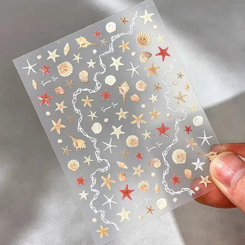 1 Sheet 5D Summer Seashell Nail Sticker Shiny Embossed Starfish Nails Qme B