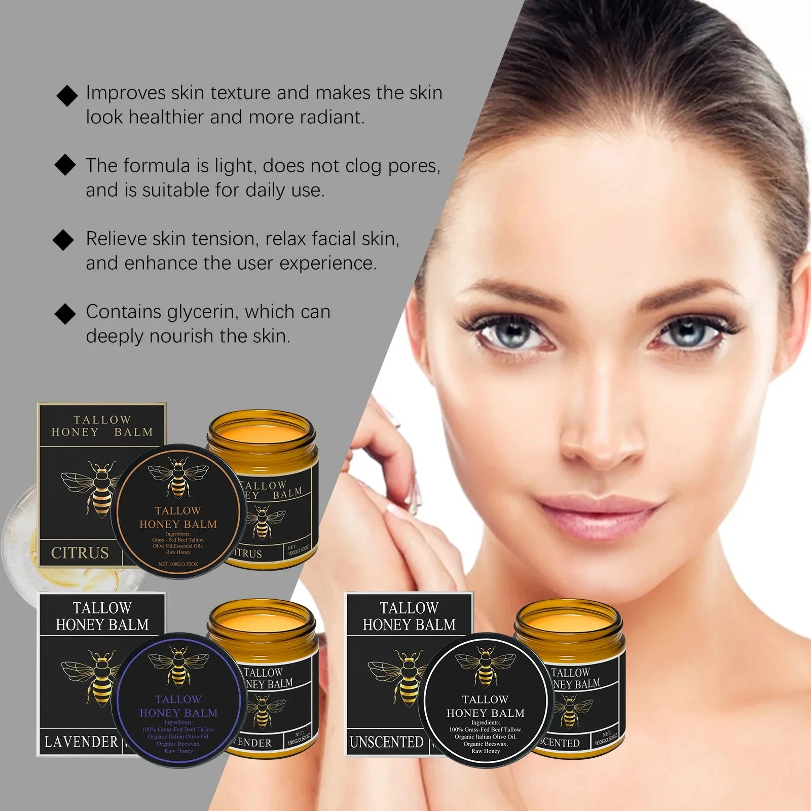Organic Grass-Fed Beef Tallow Balm With Honey Soothen Nourishing Dry Skin Improves Elasticity Moisturizing Cream For Soft Smooth Qme