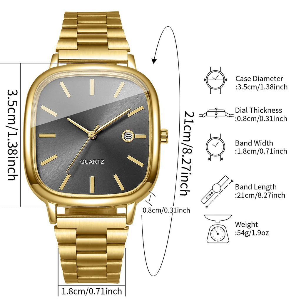 Steel strap watch, retro silver square watch, calendar, high-end feel, men's and women's commuting watch Qme