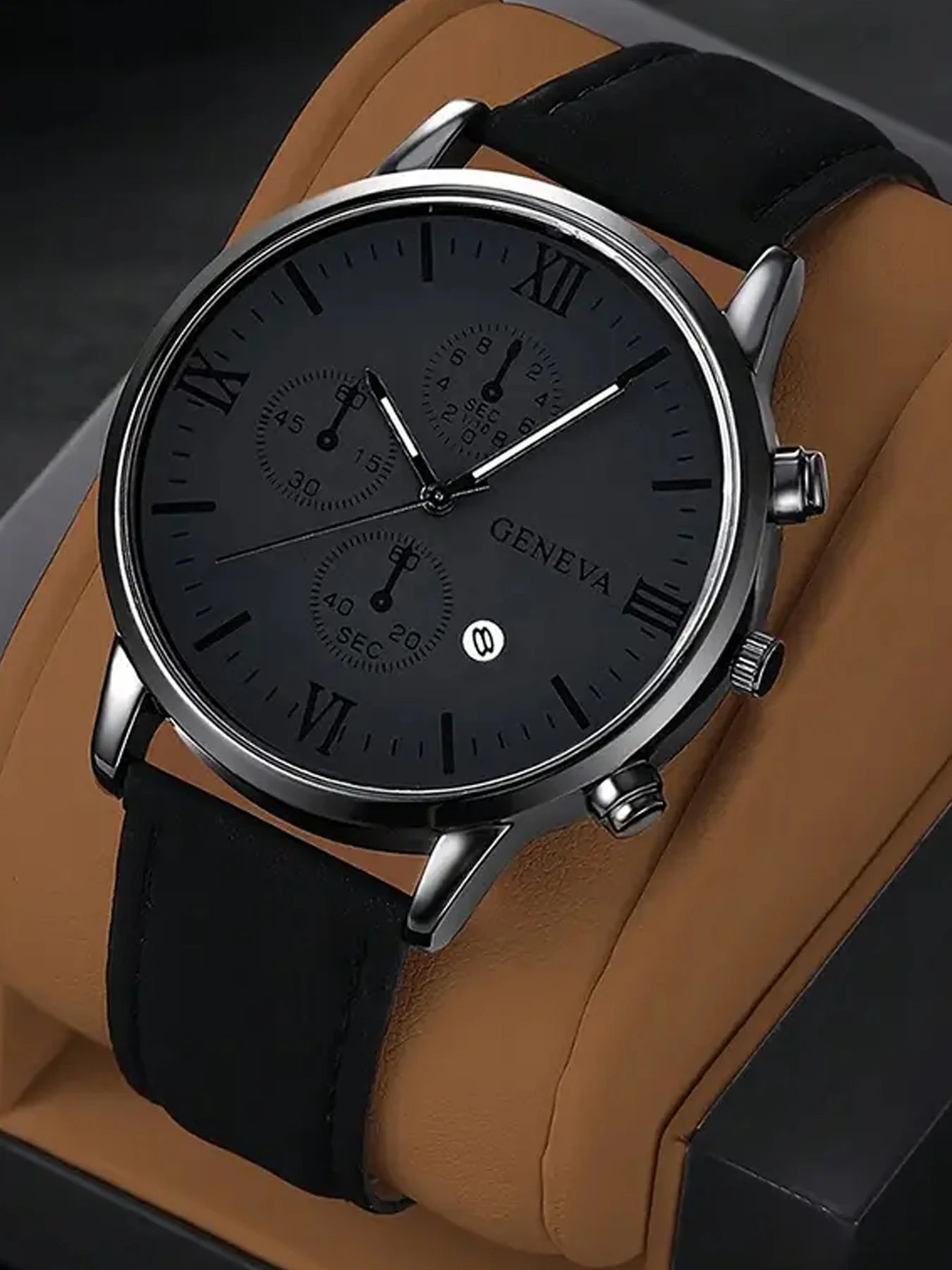 4pcs Business Casual Quartz Analog Single Calendar Leather Trendy Fashion Watch Black Premium Men's Quartz Watch Qme