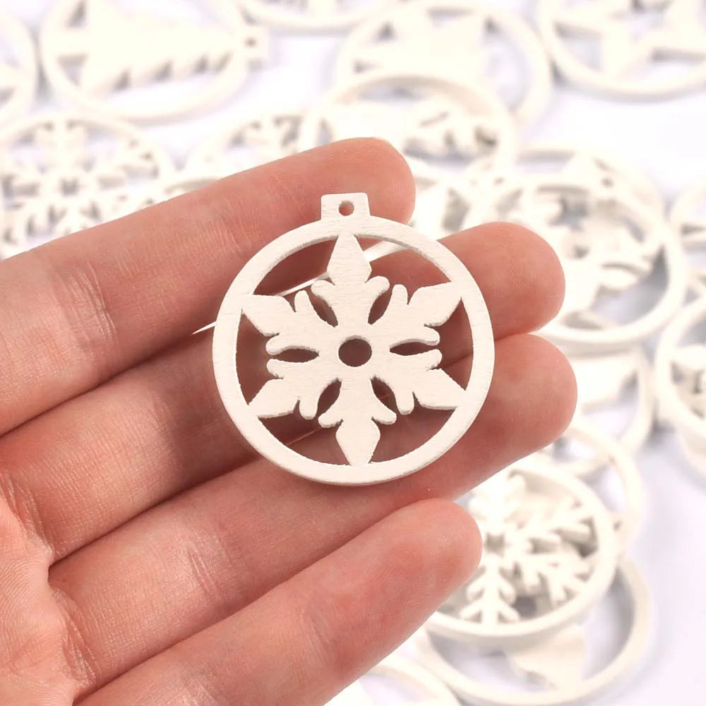 30Pcs Christmas Round White Snowflake Tree Angel Wooden Pendant Hanging Oranments DIY Handmade Supplies Xmas Home Party Decor Qme