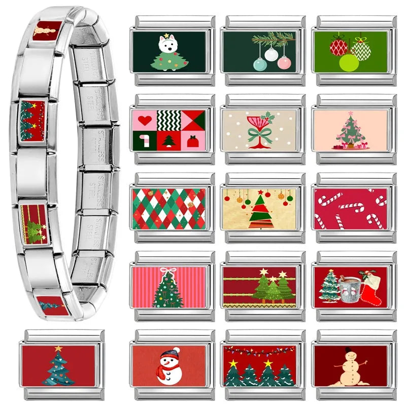 Fashion Christmas Charm Xmas Color Lights Trees Cane Candy Italian Charm Links Fit 9mm Stainless Steel Bracelet DIY Making Gifts Qme