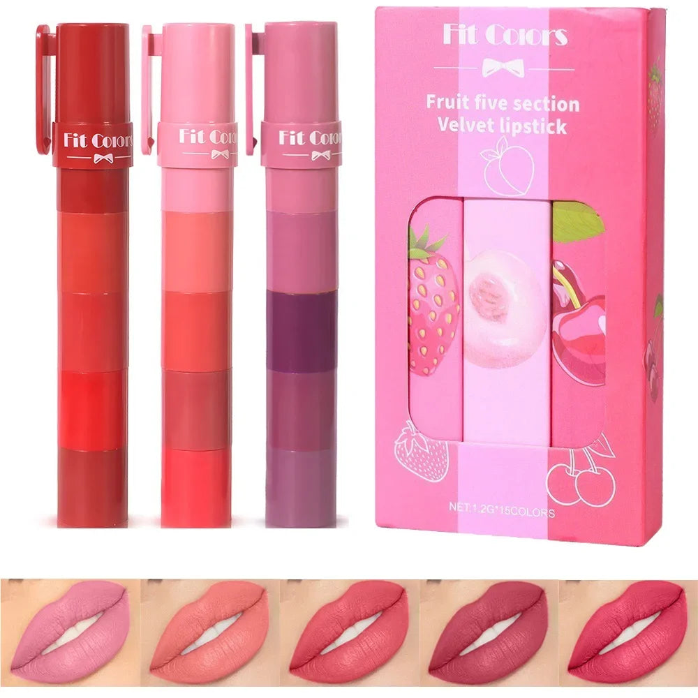 5In1 Combination Peach Matte Lipstick Kit Waterproof Non-Stick Cup Purple Red Lip Stain Tint Cosmetic Nude Lipstick Pen Makeup Qme 3Pcs Set