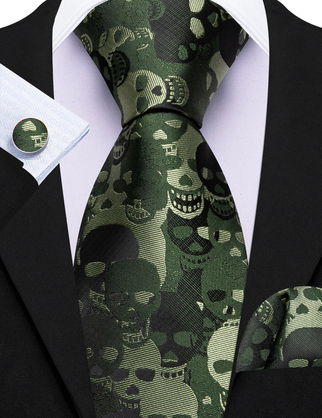 Christmas Green Tie Set 3 Pieces Men Necktie Pocket Square Cufflinks Xmas Wedding Party Suit Accessories Gifts for Dad Boyfriend Qme BW-LDSN2005