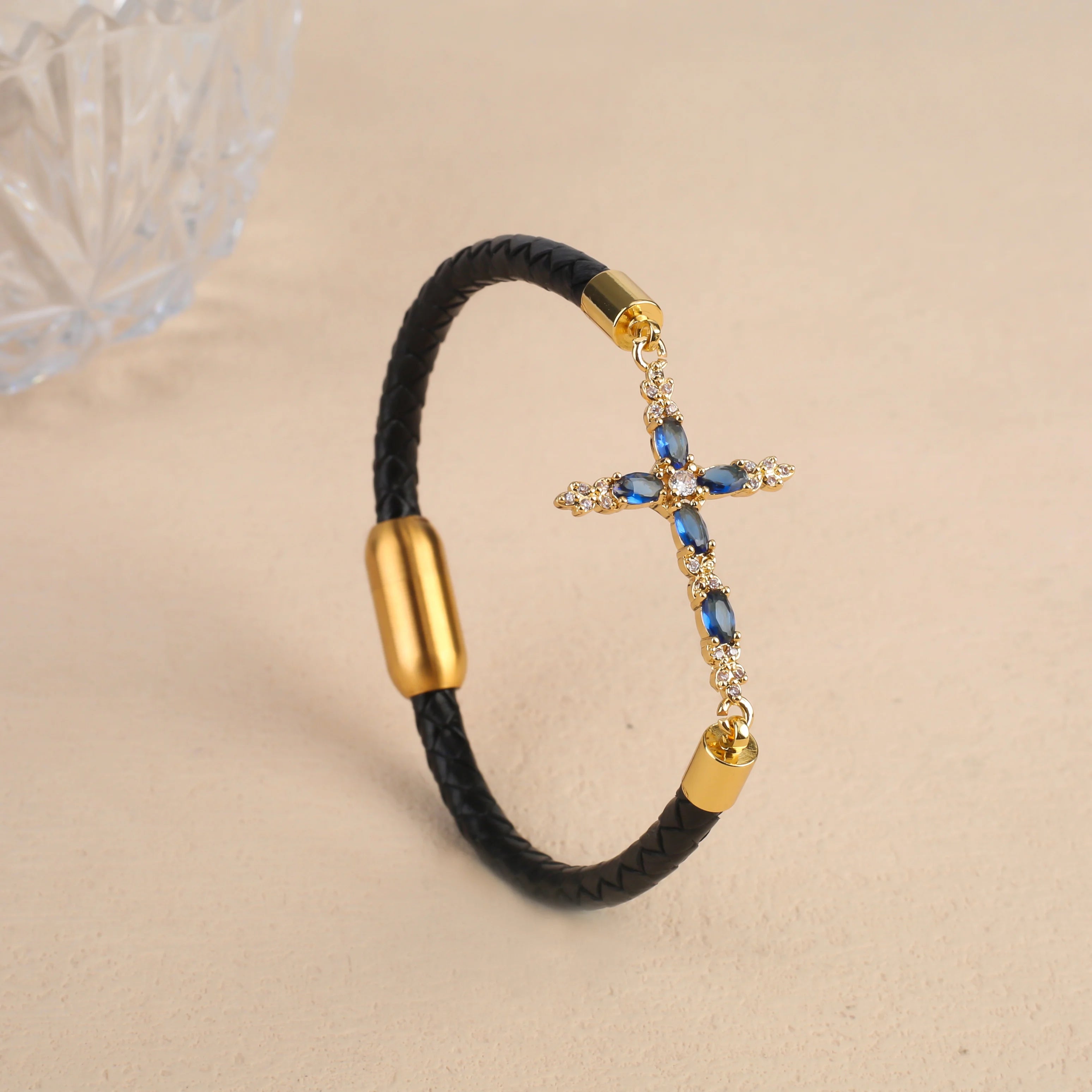Classic Crystal Cross Leather Bracelet Fashion Religious Jewelry Stainless Steel Wrist Bangle for Couple Friendship Jewelry Gift Qme Dark Blue 23cm Black Leather