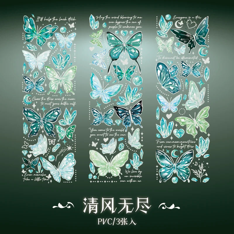 3 pcs laser Butterfly PET Stickers Decorative Diy Scrapbooking Collage material Planner Stationery Craft Supplies Qme C