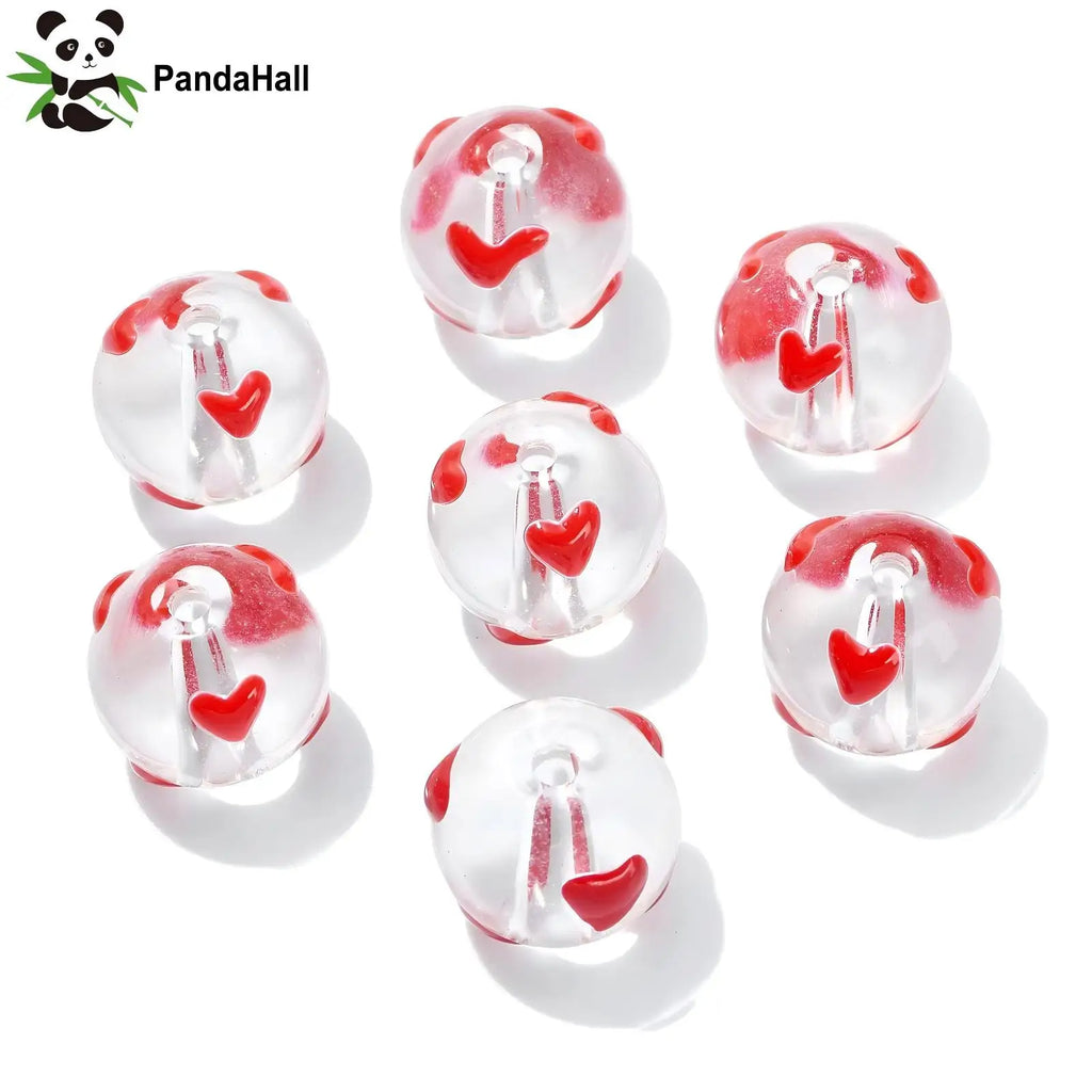 Pandahall 10Pcs Transparent Glass Round Ball Beads Handmade Enamel Glass Beads Red Sweet Heart Beads for Necklace Jewelry Making Qme Other